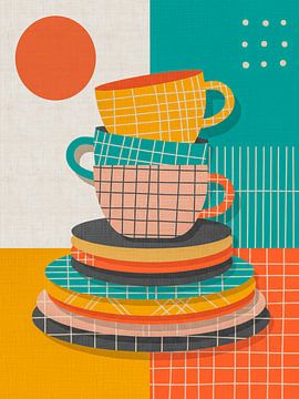 Kunst voor de keuken: Kleurrijke gestapelde kopjes en borden in grafische stijl