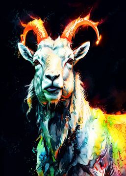 Mountain Goat Neon Watercolor Art – Majestueuze dierenwanddecoratie
