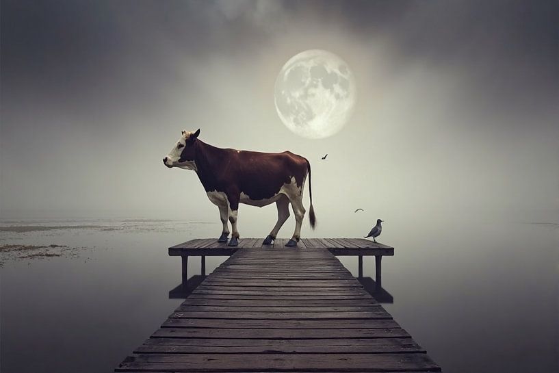 Cow on wooden jetty at full moon by Kleurenrijk