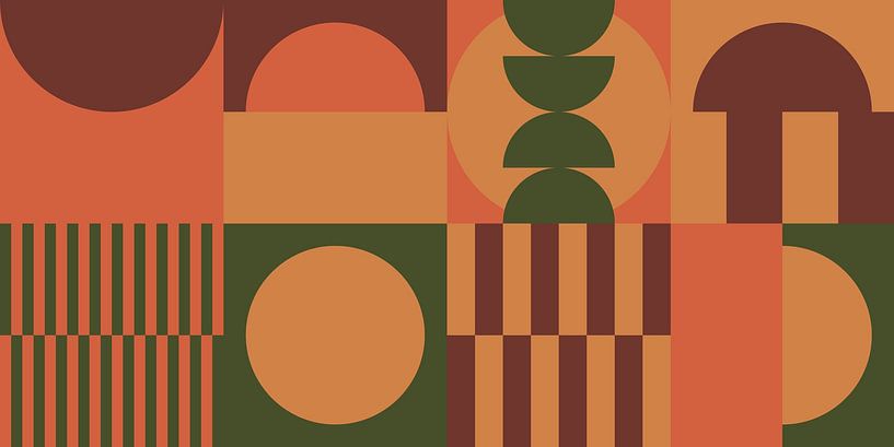 Green, yellow, orange, brown I. Geometric art in 70s retro colors by Dina Dankers