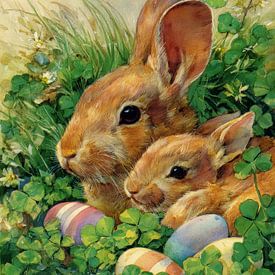 Mother rabbit with young among clover and Easter eggs by But First Framing