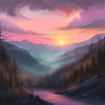 Pastel Zonsondergang Over Smokey Mountains van DesignByDessie