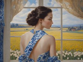 A portrait of a lady in a delft blue dress by Jolique Arte