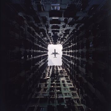 Skyline breakthrough - aeroplane in the city by Poster Art Shop