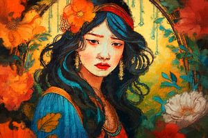 Fille asiatique triste entourée de fleurs (art)