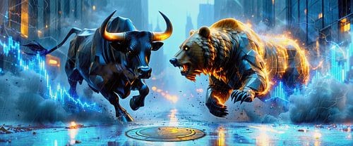 Stier en beer in de storm van de markten - De eeuwige strijd van de stieren- en berenmarkt op het asfalt van de grote stad 's nachts