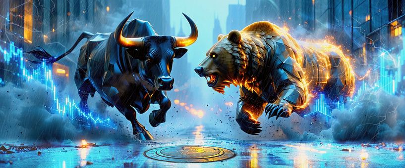 Bulle und Bär im Sturm der Märkte – Der ewige Kampf der Giganten an der Börse auf dem Asphalt der nächtlichen Großmetropole von AidasignArt