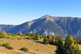 Herfstlandschap in de Alpen met gele lariksbomen onder een blauwe hemel van Tomherkules
