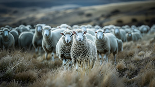 Panoramic view of a flock of sheep in a field
