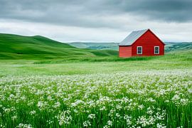 Rotes Haus Wiese von Poster Art Shop