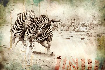 Grunge mixed art of zebras in the wild by Heleen van de Ven