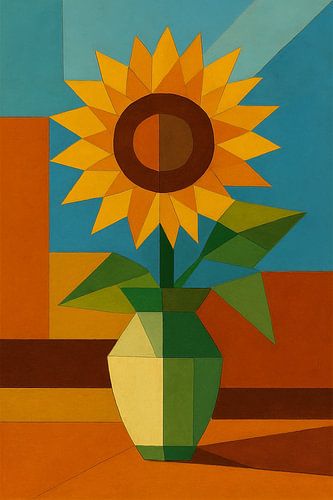 Zonnebloem in vaas schilderij.