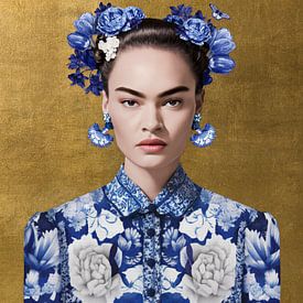 Frida in Delfts blauw op gouden achtergrond, moderne variatie op iconisch portret van Mijke Konijn