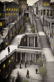 grafische afbeelding van huizen en trappen van Egon Zitter