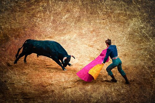 Meervoudige belichting op bruin stierengevecht met matador en stier