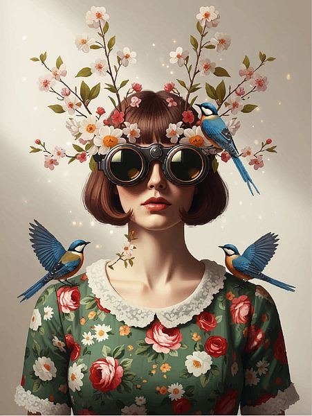 Geblinddoekte Bloesem Muze - Surrealistisch portret met vogels en bloemen van coretan tangan