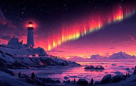 Lighthouse Under Aurora Borealis