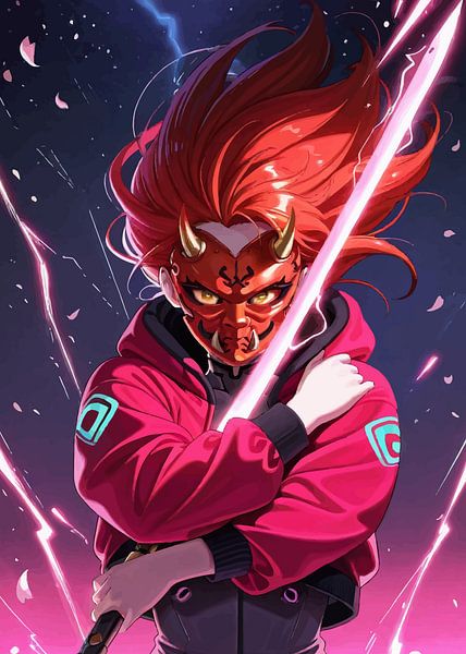 Fille d'anime portant un masque d'oni et tenant un katana par MIROKKU