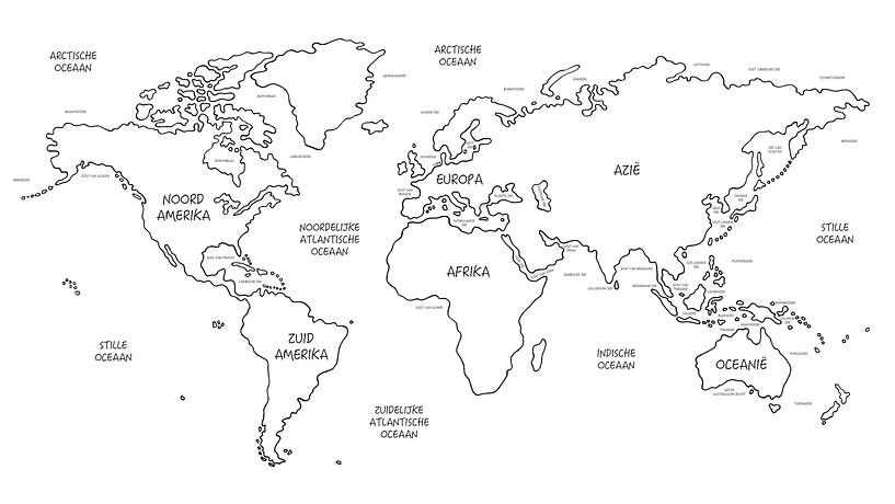 Wereldkaart | Lijntekening met alle Continenten en Wereldzeeen van Wereldkaarten.Shop