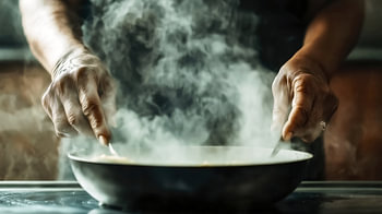 Koken met pan en opstijgende stoom