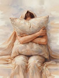 Vulnerable Woman Pillow Embrace Soft Art by Ramy Salah Hefny
