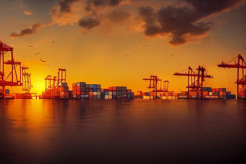 Cargo Hafen mit Kränen bei Sonnenuntergang  Illustration von Animaflora PicsStock