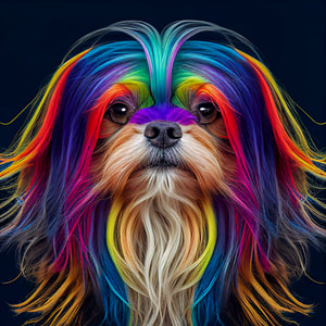 Kleiner Hund mit Regenbogen Farben im Haar