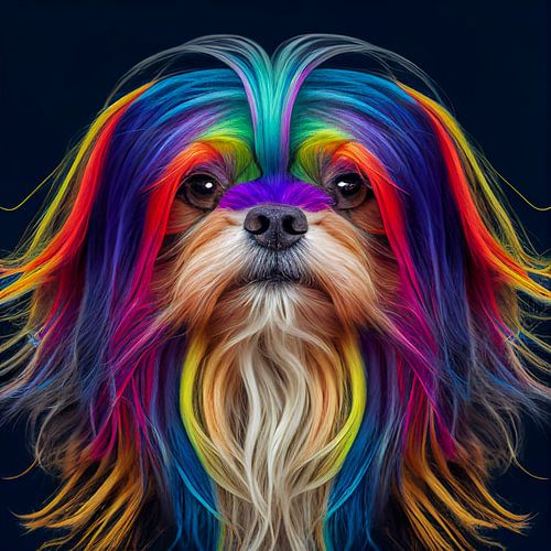 Petit chien avec des couleurs arc-en-ciel dans les cheveux