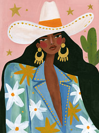 Farbenfrohe Cowgirl mit Blumen auf ihrer Jacke und einem Cowboyhut von Carla Van Iersel