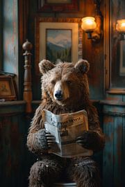 Majestic bear reads newspaper in vintage bathroom by Poster Art Shop
