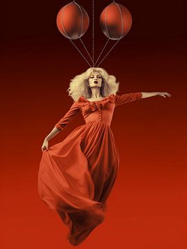 woman floating red surreal balloons elegance art dream by gm_designs