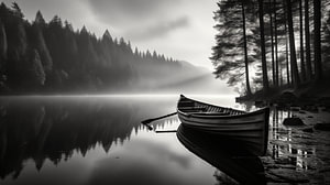 Schwarz-Weiß-Bild mit See und Holzboot am Ufer im Nebel mit hohen Bäumen