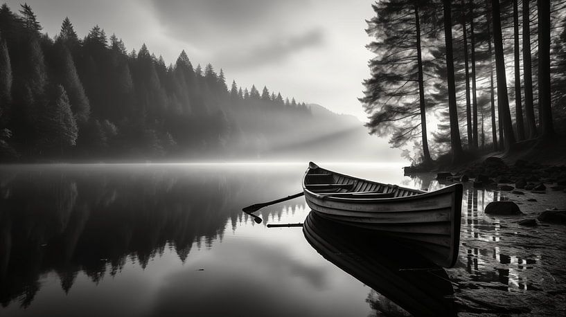Zwart-wit beeld met meer en houten boot op de oever in de mist met hoge bomen van Animaflora PicsStock