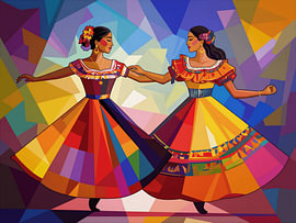 Tableau moderne et coloré représentant des femmes mexicaines en train de danser sur STUDIO ARTSY