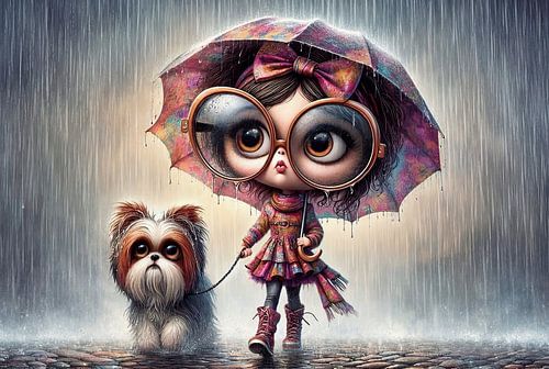 Girl with a dog in the rain