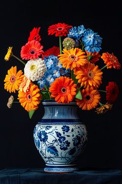 Levendige Bloemenpracht in Delfts Blauwe Vaas van De Muurdecoratie