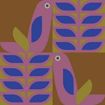 Rétro scandinave. Oiseaux et feuilles en lilas, or foncé, moutarde et violet. sur Dina Dankers