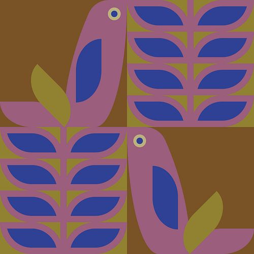 Scandinavisch retro. Vogels en bladeren in lila, donkergoud, mosterd en paars