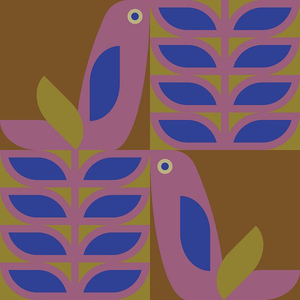 Scandinavian retro. Birds and leaves in lilac, dark gold, mustard and purple by Dina Dankers