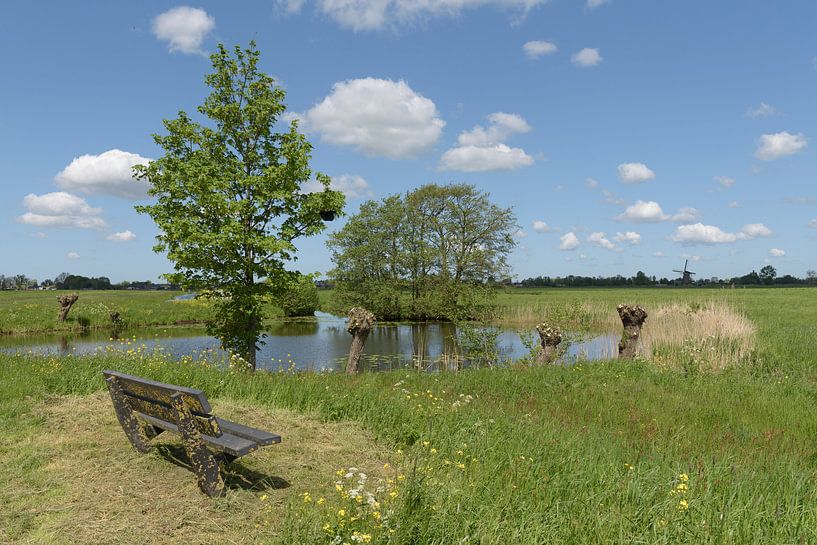 Zitbankje bij waterplas in polder Alblasserwaard van Beeldbank Alblasserwaard