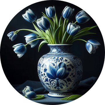 Delfts Blauwe vaas met pastel blauwe tulpen - Holland van Lia Morcus