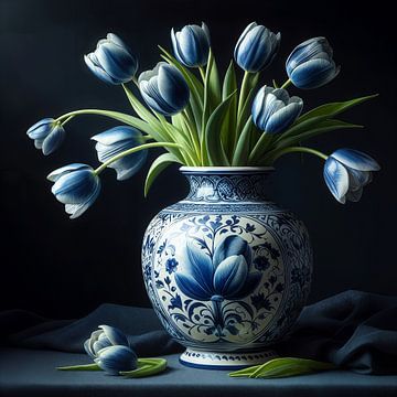 Delfts Blauwe vaas met pastel blauwe tulpen - Holland van Lia Morcus