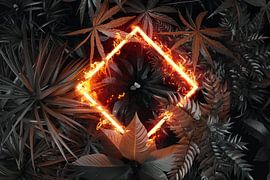 twisted rectangle in flames over tropical plants by Besa Art