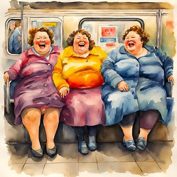 3 sociable ladies sit in the metro by De gezellige Dames