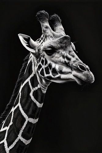 Minimalistisch zwart-wit portret van een giraffe