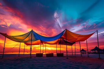 Zomerse tenten op het strand bij zonsondergang van De Muurdecoratie