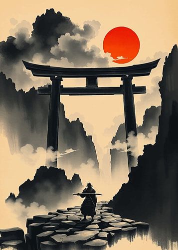 Samoerai bij Torii poort met rijzende zon