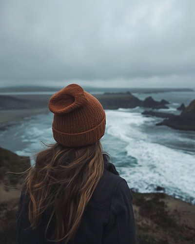 Young woman looks out over the coastal landscape
