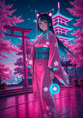 Anime Mädchen Kimono Torii Tor Kirschblüte Sakura Japan