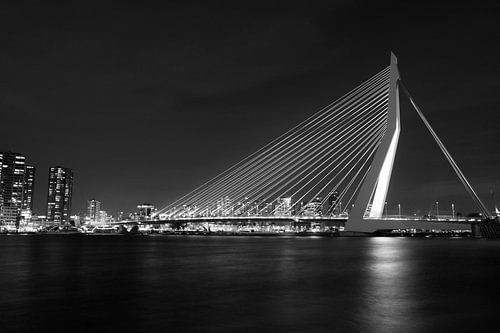 Erasmus Bridge Rotterdam over the water in black and white